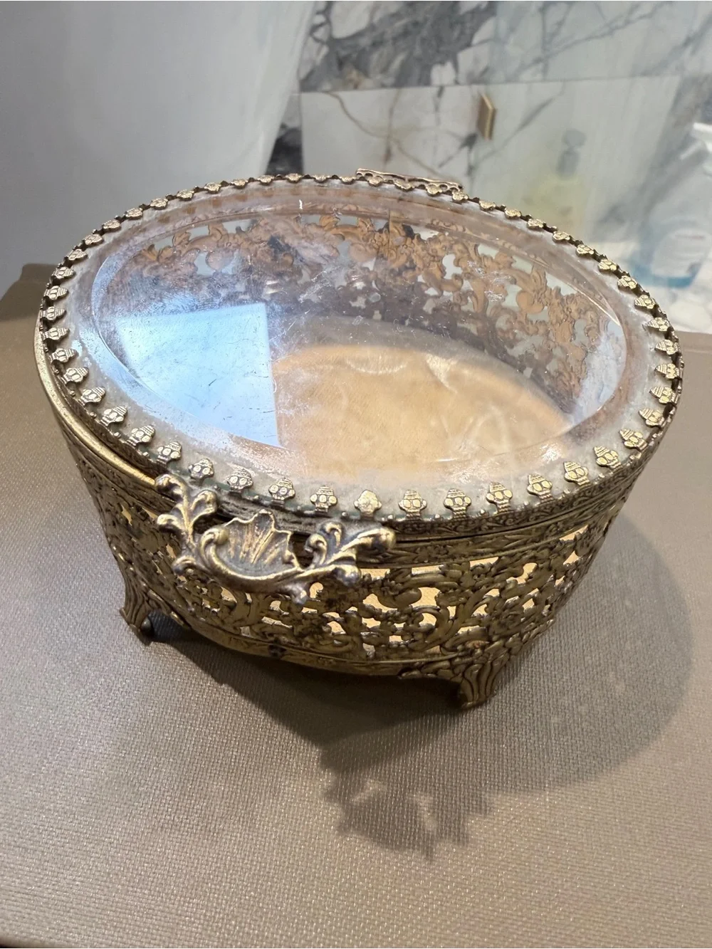 Vintage Ormolu Filigree Jewelry Casket Beveled Glass Hollywood Regency